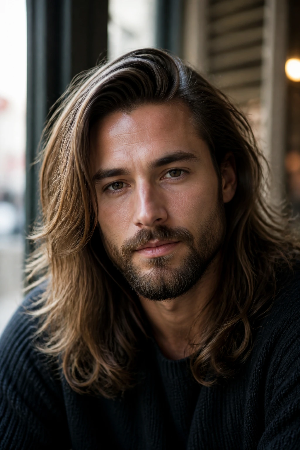 Portrait of a man with side-parted long hair and a soft sweep by a cafe window
