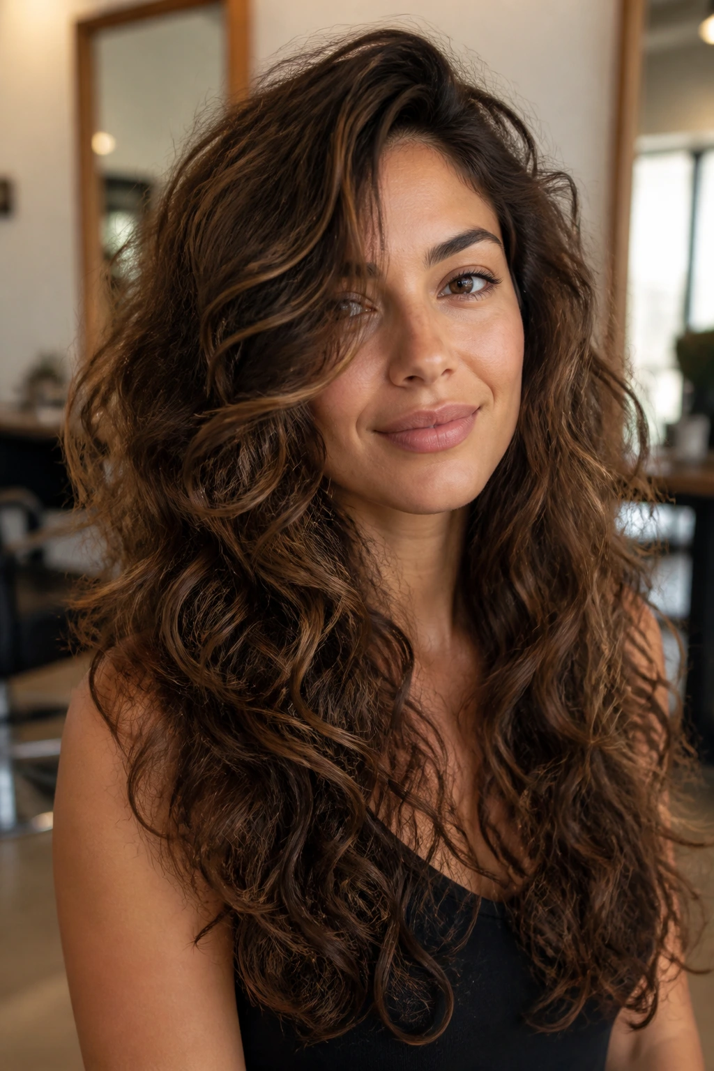 Close-up of a real woman with side-part long layers curly hairstyle and sweeping volume