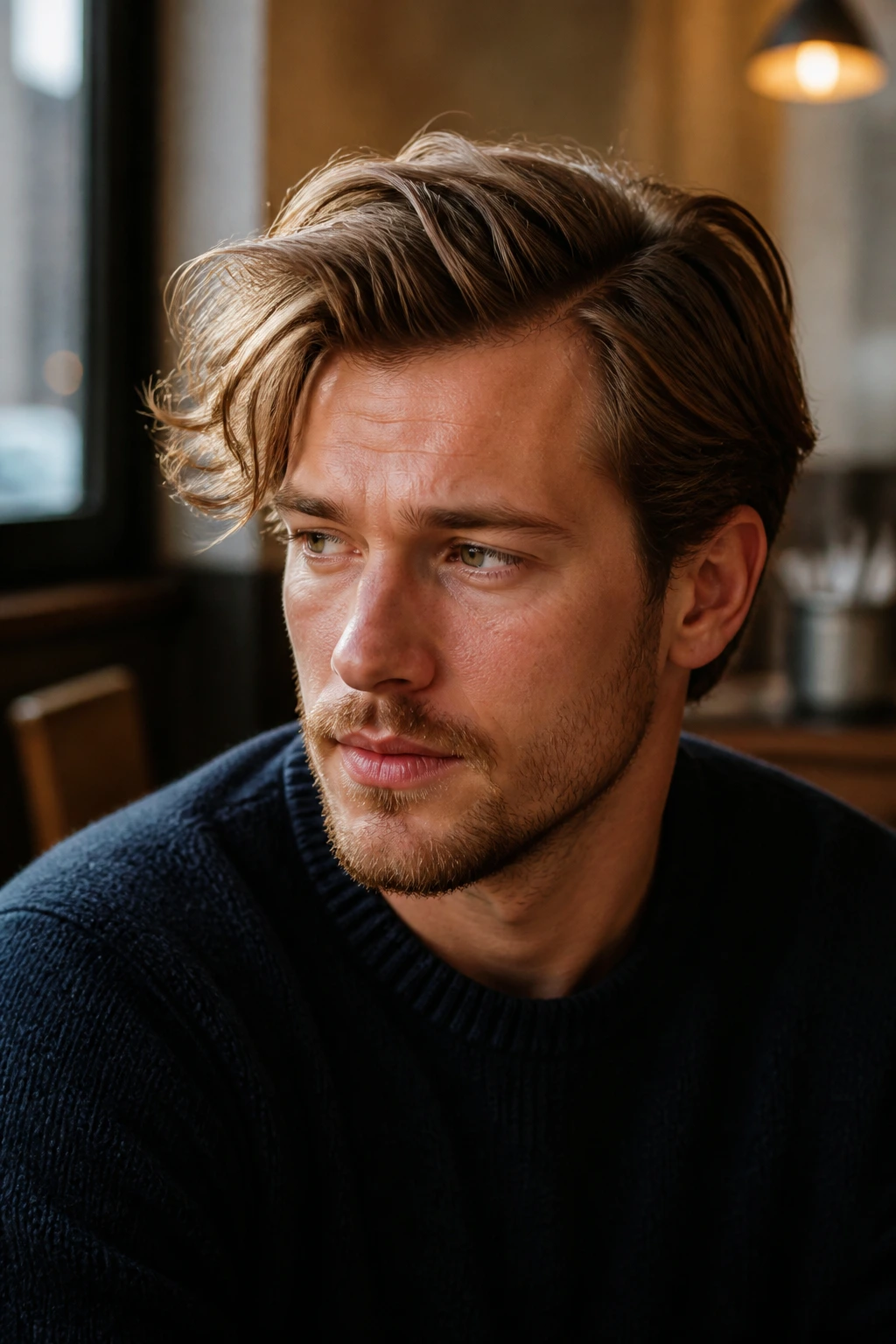 Close-up portrait of a man with a side part and loose ends in a cafe setting