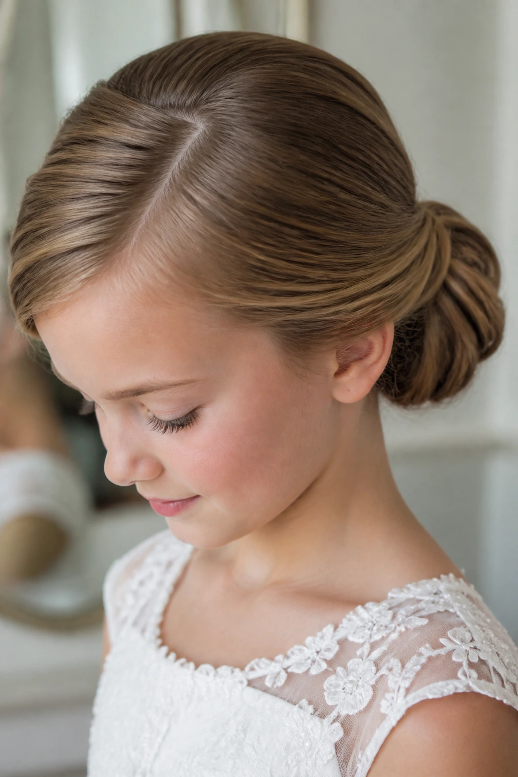 Close-up of a real child with a side-part and low chignon with smooth sweep.
