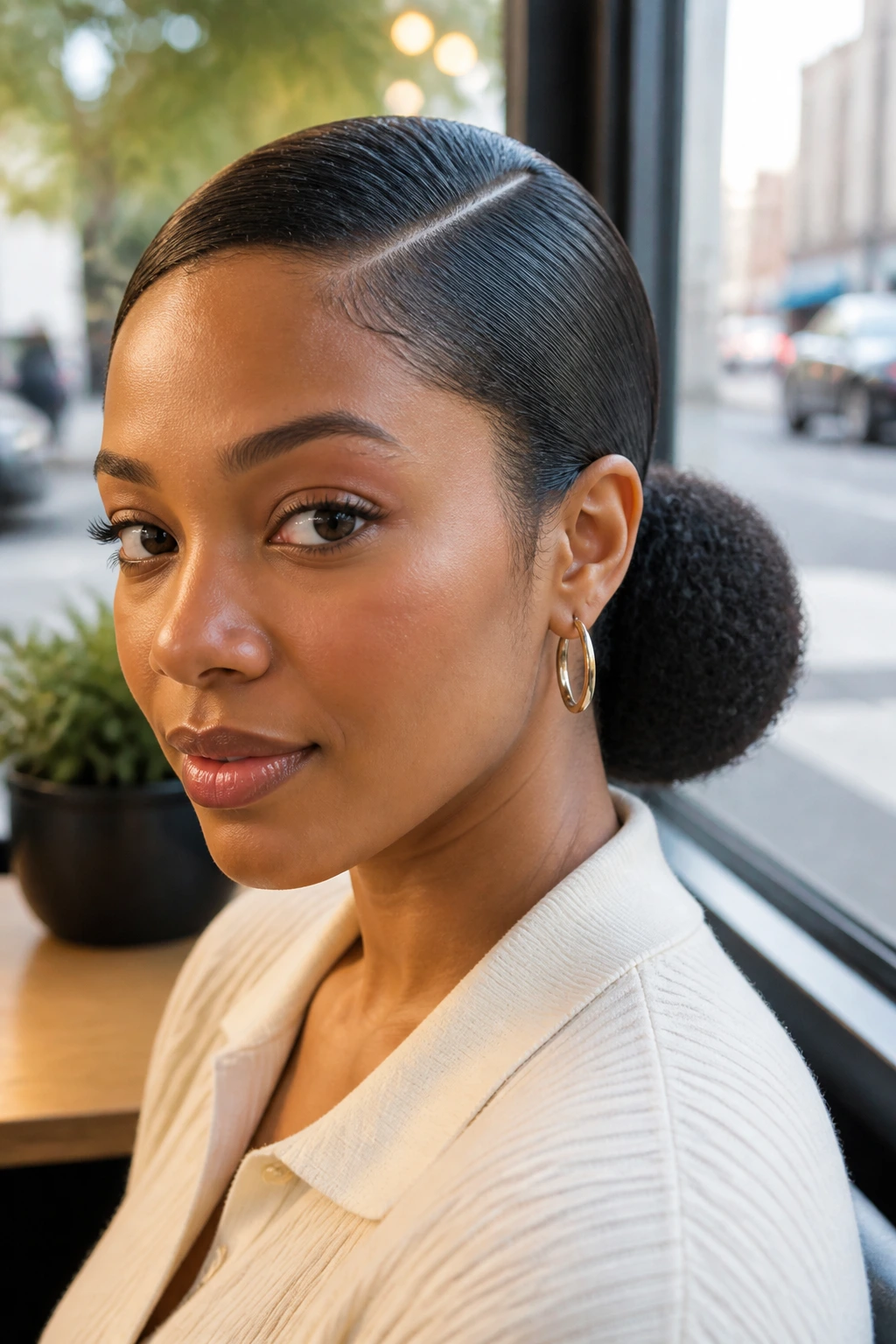 Close-up of a woman with a side-part sleek low puff and defined part
