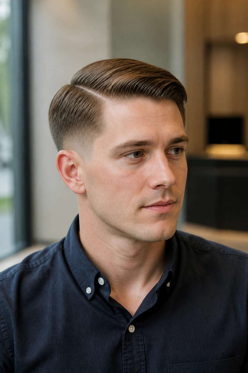 Medium close-up of side-parted long top with low taper buzz on a real person