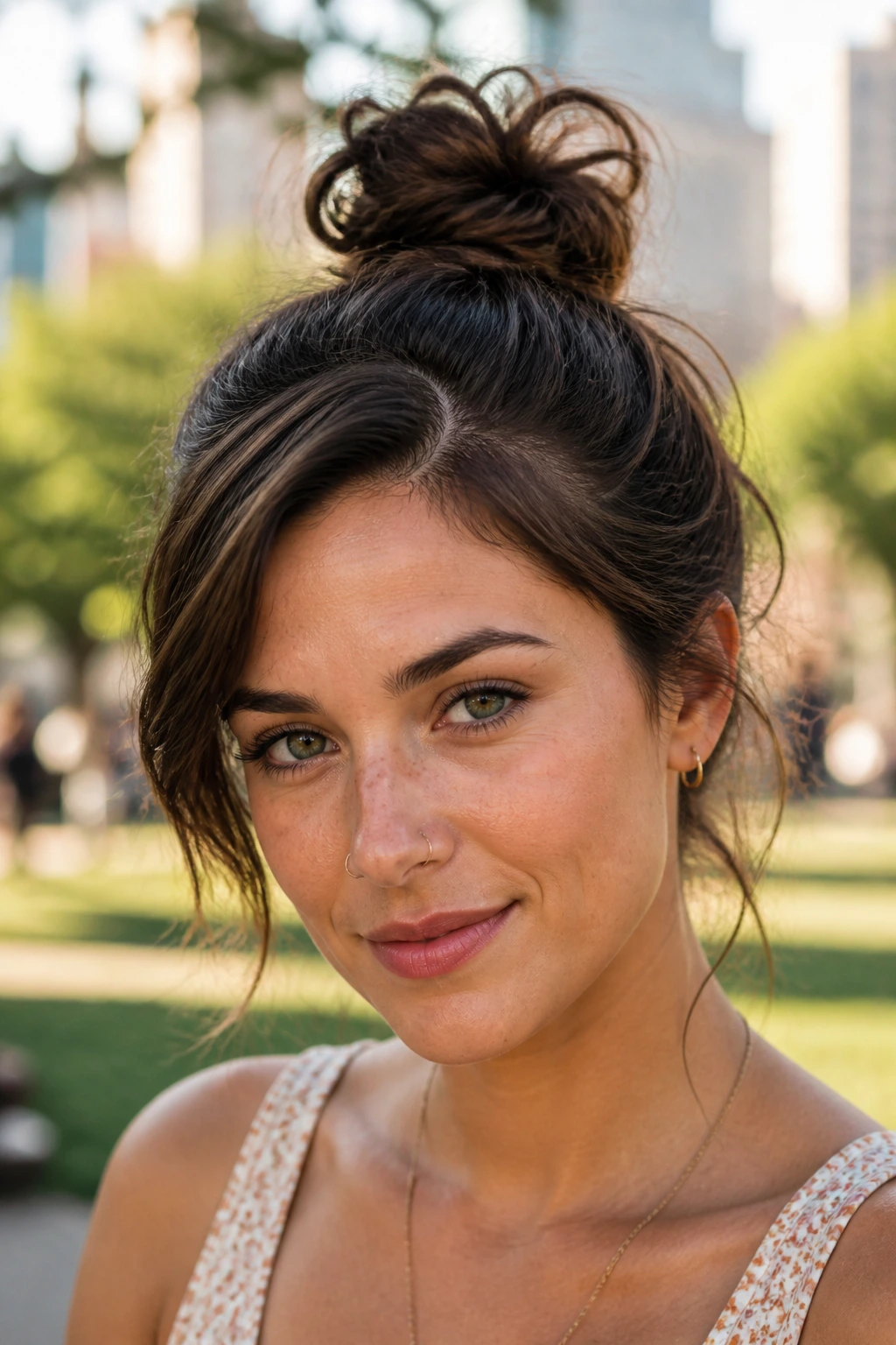 Close-up of a woman with a messy side-part top knot in an urban park