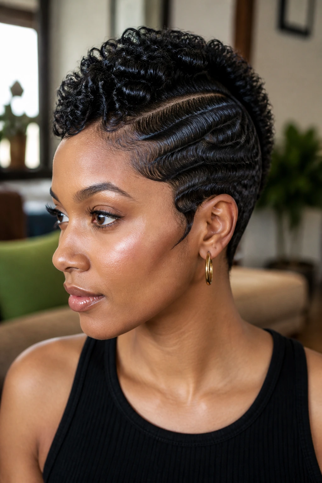 Close-up portrait of a real person with a side-part mohawk and sculpted finger waves on short natural hair