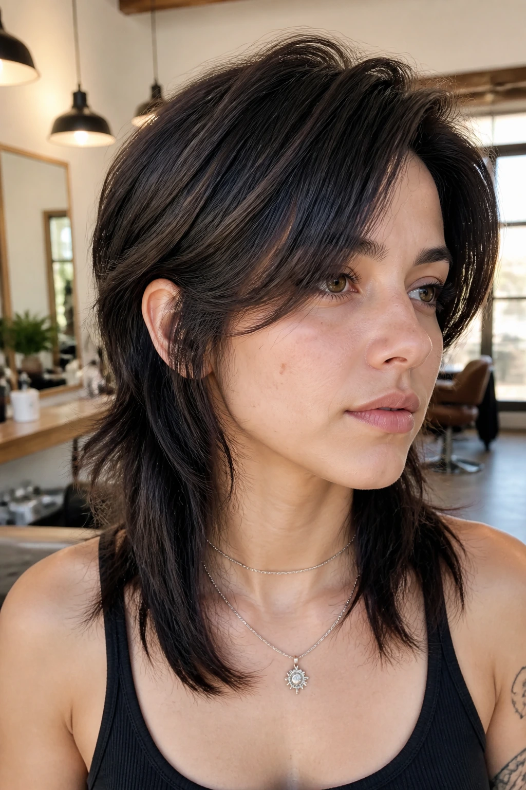 Close-up of real person with side-part shag mullet in a sunlit salon
