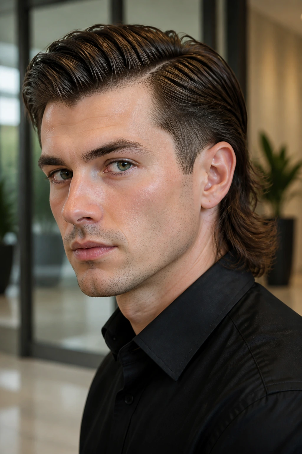 Real person with side-part mullet in office lobby setting.