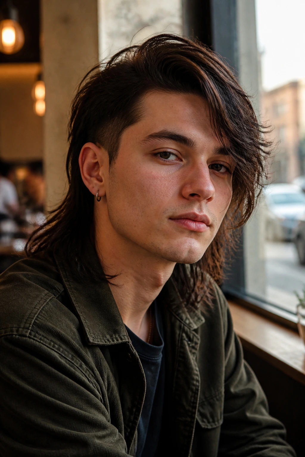 Portrait of real person with side-part tail mullet and swept fringe.