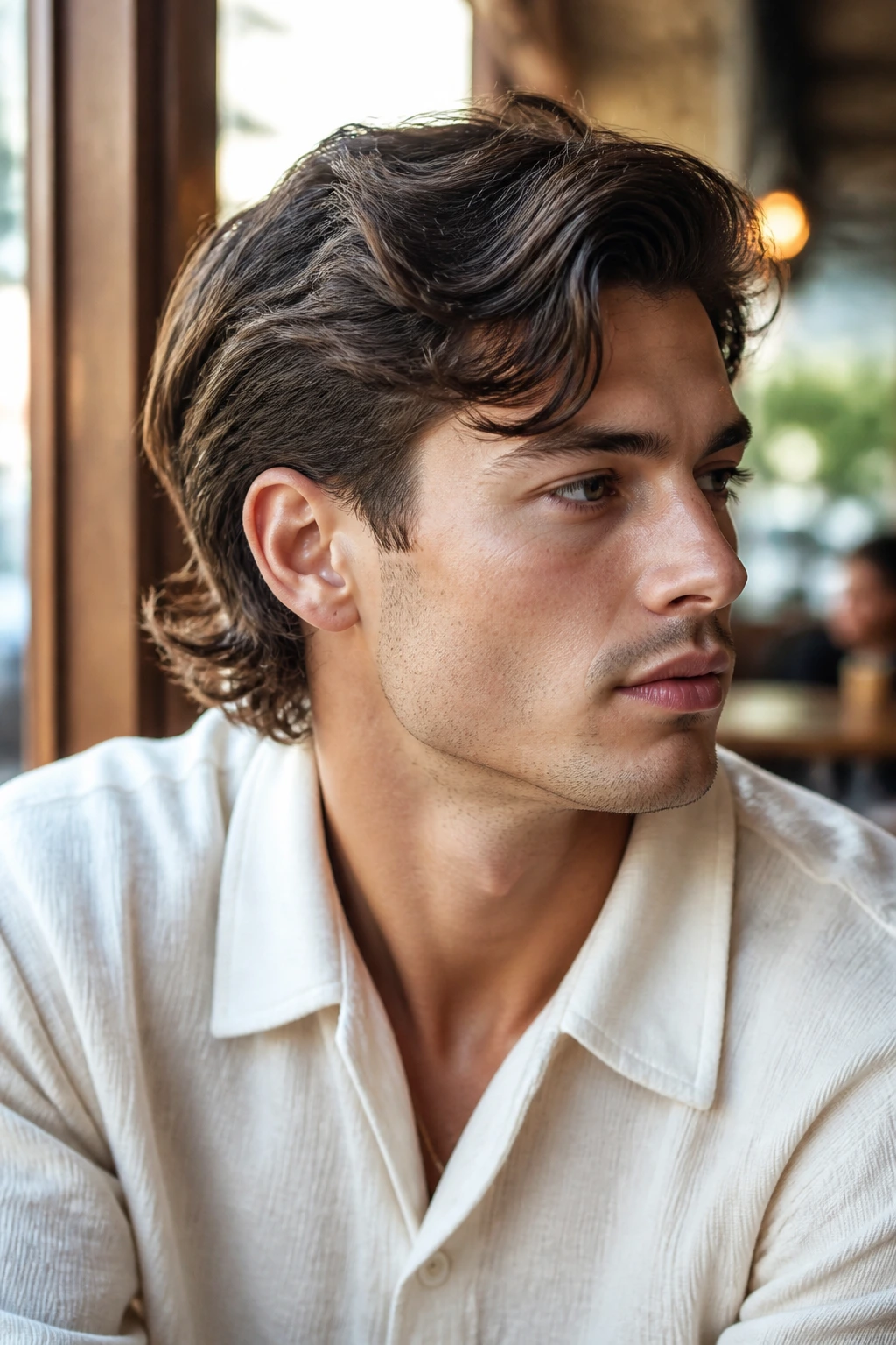 Portrait of real person with a deep side-part wave mullet