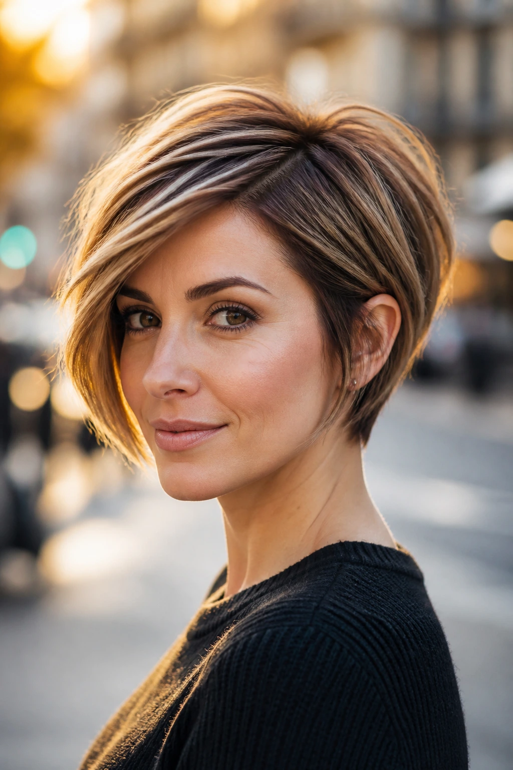 Three-quarter portrait of a real person with side-part pixie bob and dimensional highlights