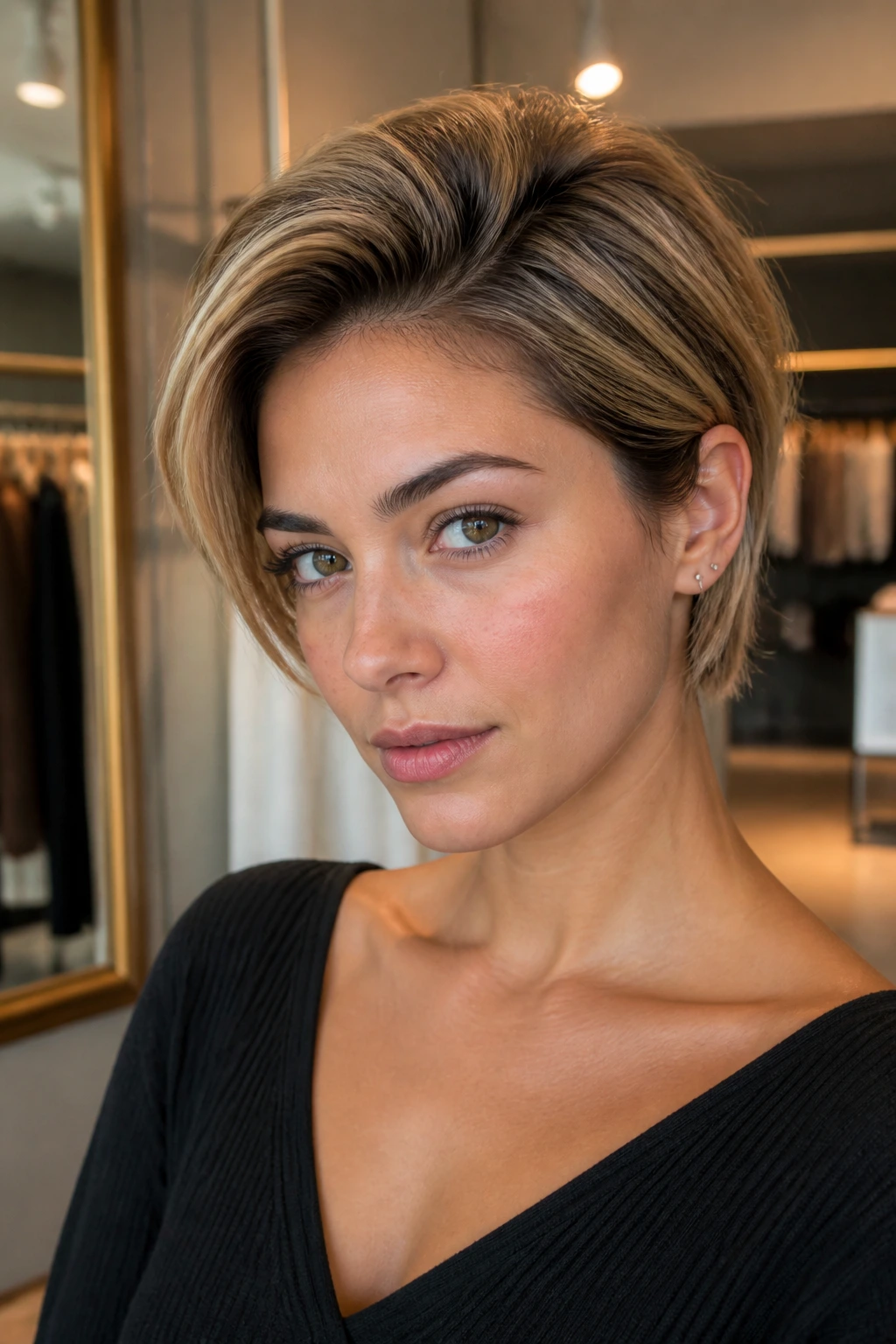 Portrait of a woman with a side-part pixie bob and root lift.