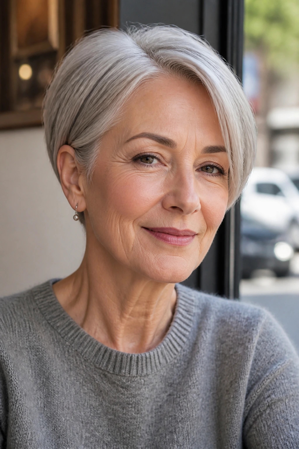 Real woman with a side-part pixie tucked behind the ear in daylight at a cafe.