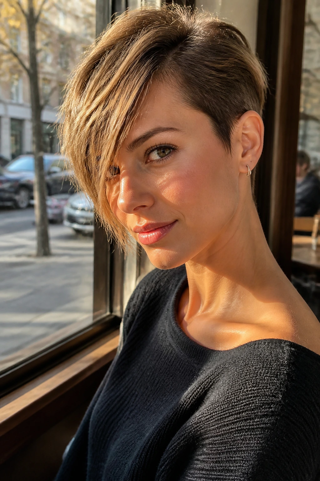 Real person with deep side-part pixie and long fringe at cafe window in natural light