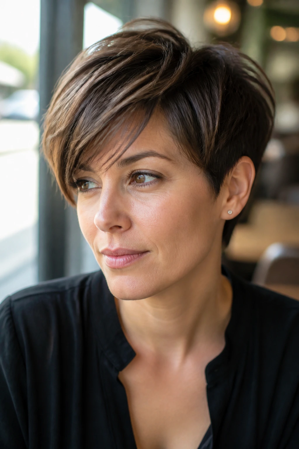Real woman with side-parted pixie and piecey fringe