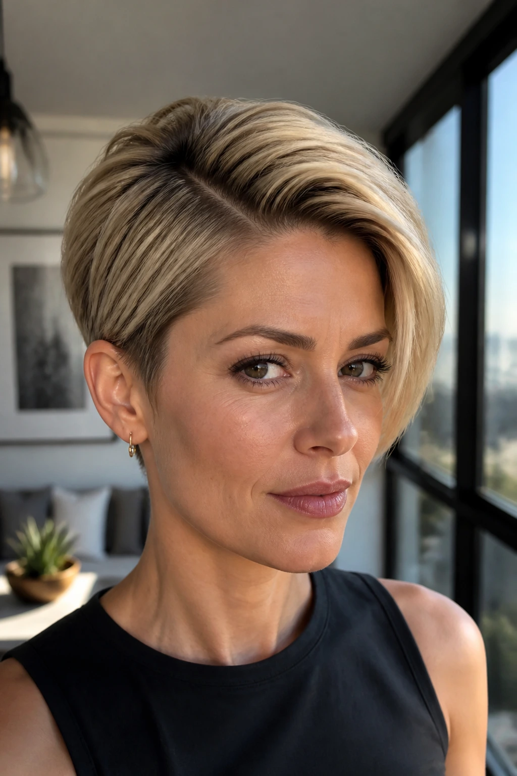 Portrait of a real woman with a deep side-part pixie showing diagonal line and top height