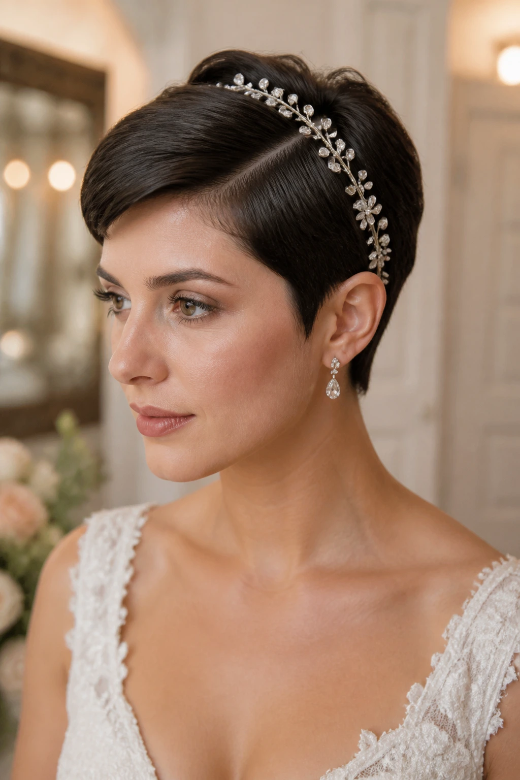 Bride with side-part pixie and hair vine