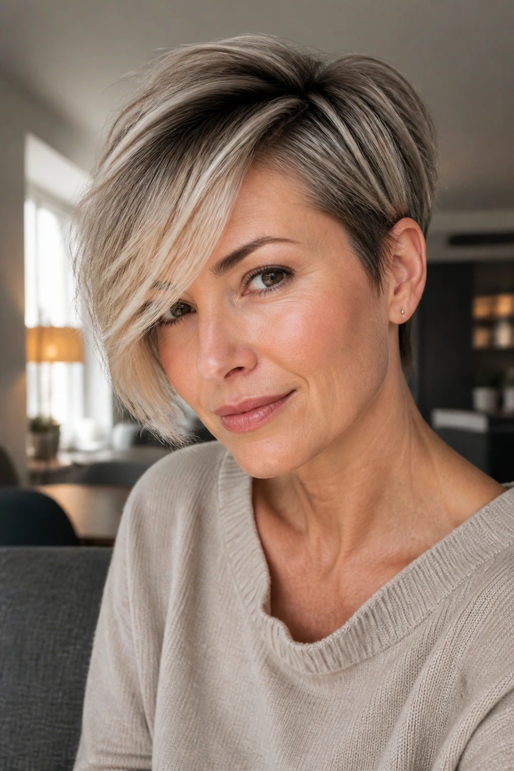 Close-up portrait of a real woman with a side-part layered pixie