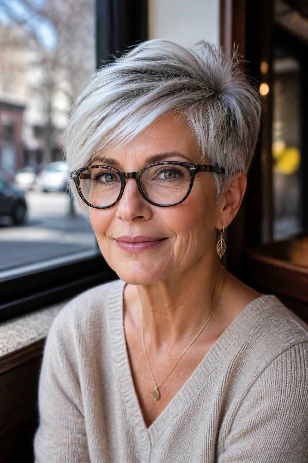 Real woman in side-part pixie with crown lift.