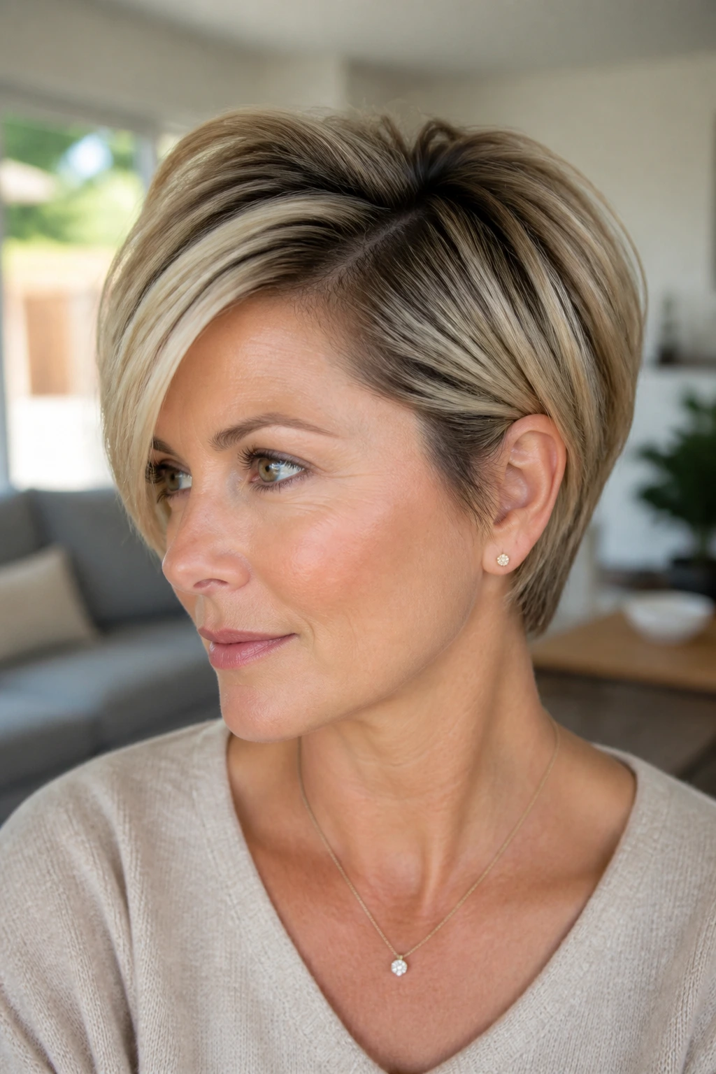 Portrait of real woman with deep side-part lift pixie bob