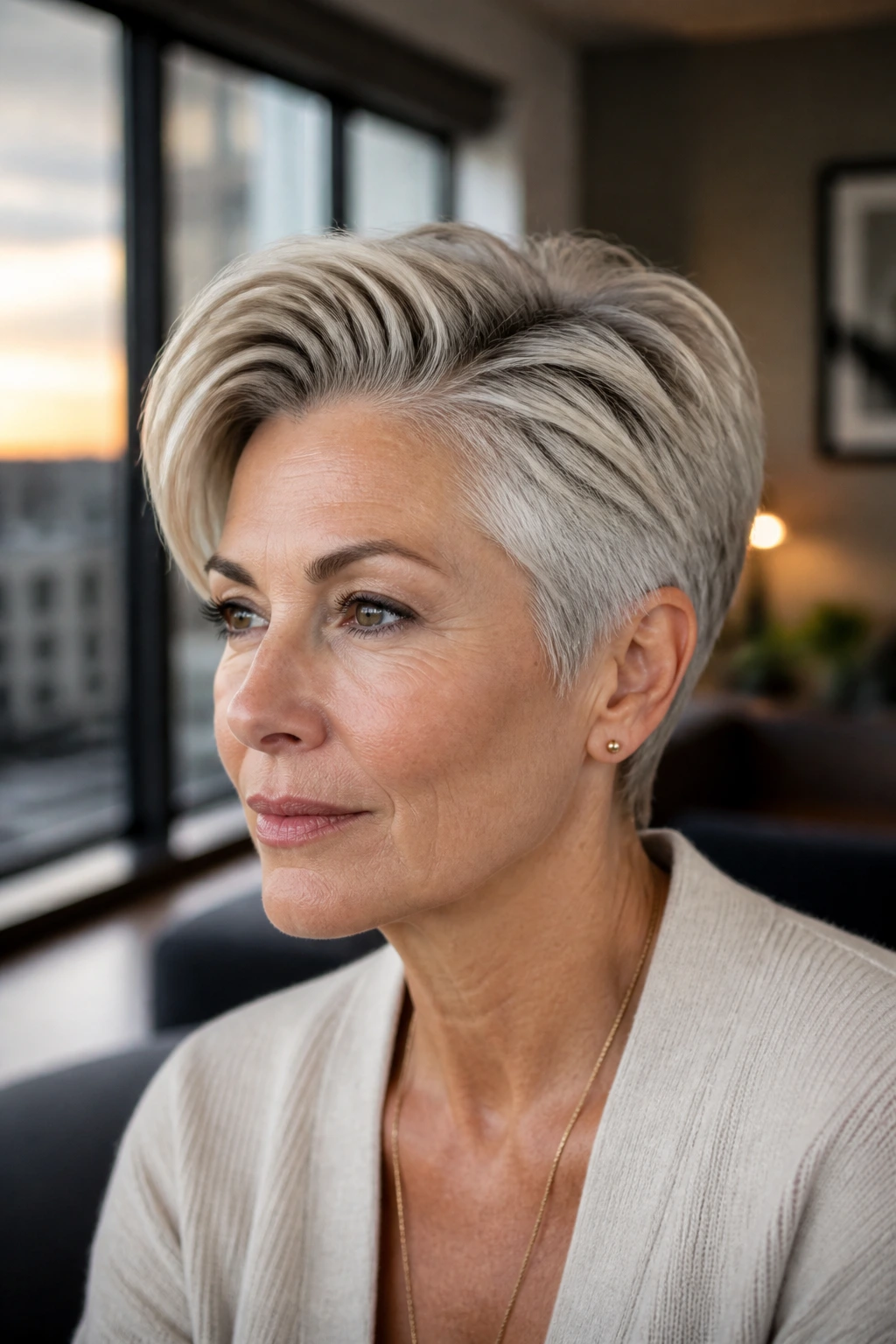 Real woman with side-part pixie and temple volume hairstyle