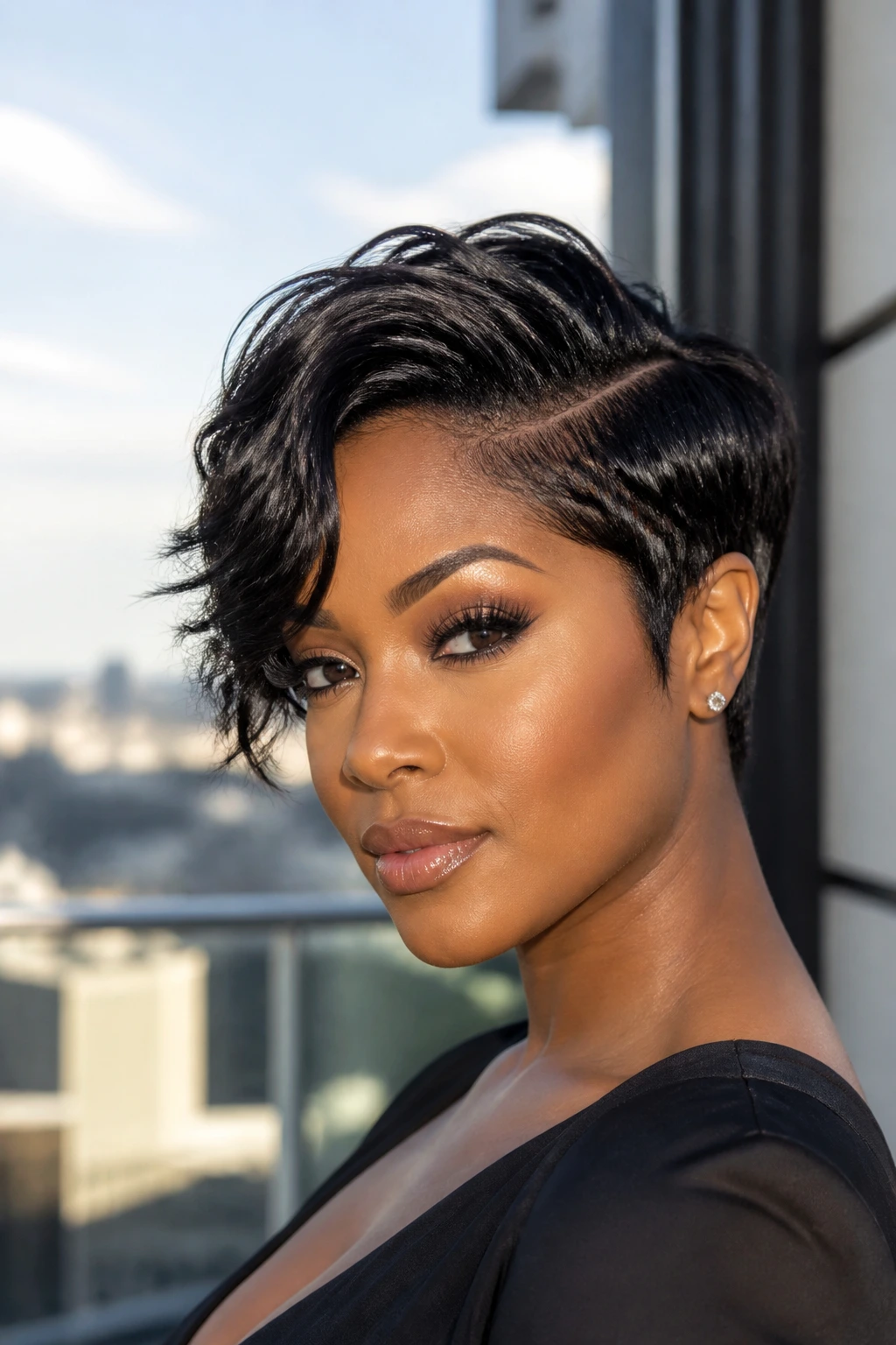 Portrait of a Black woman with a deep side-part pixie giving volume on top