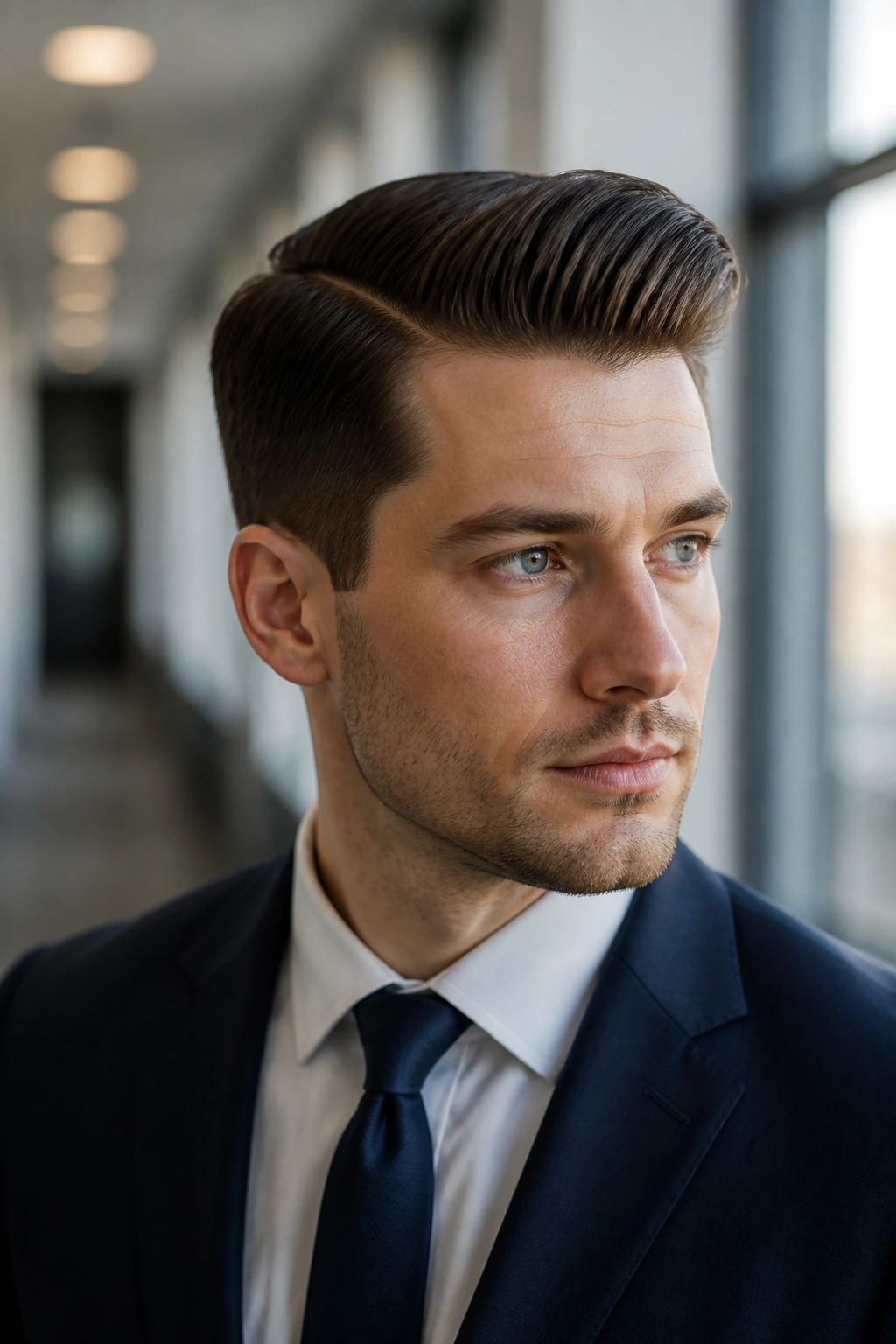 Portrait of a man with a clean side-part pompadour