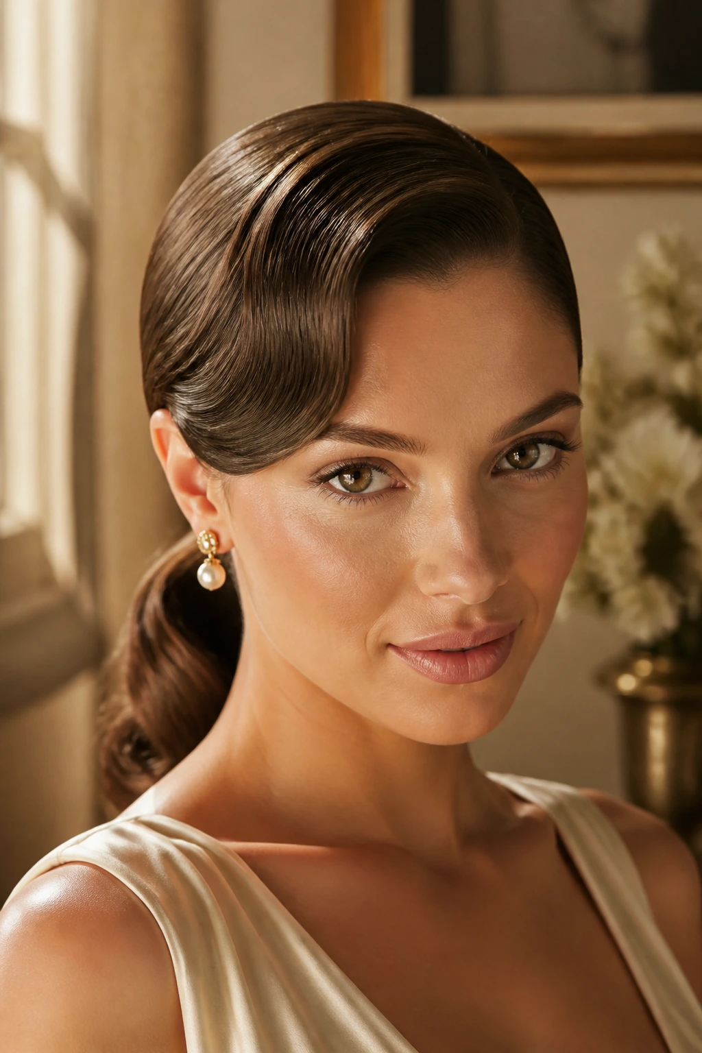 Side-part ponytail close-up of real woman with deep side part and low sleek ponytail.