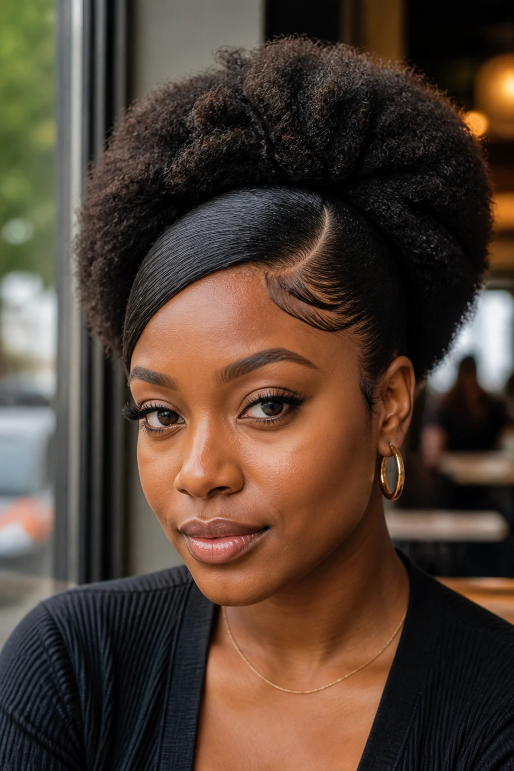 Close-up of a real woman showing a side-part puff with sleek edges.