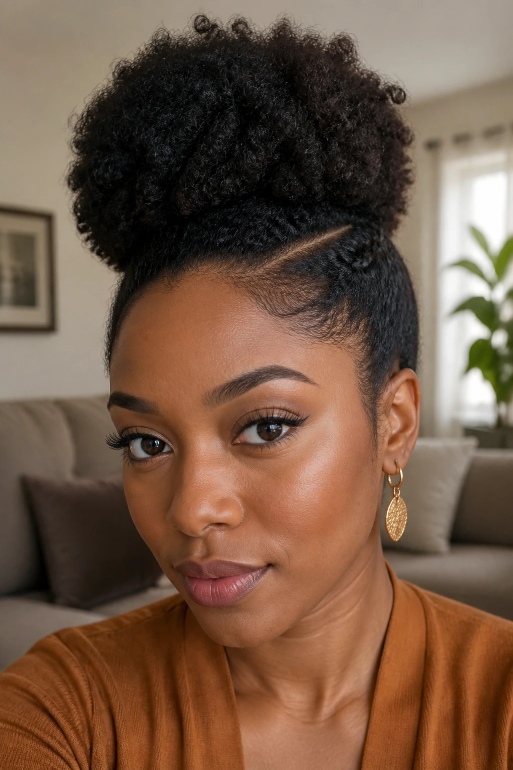 Close-up of a real woman with a side-part puff and high top volume