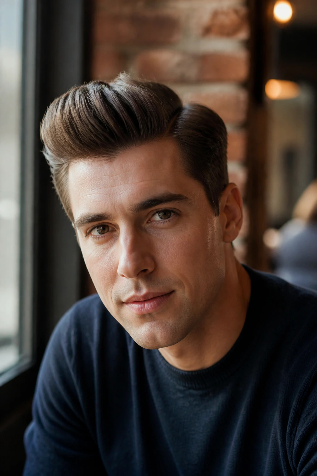 Close-up of a man with side-part quiff in warm cafe light