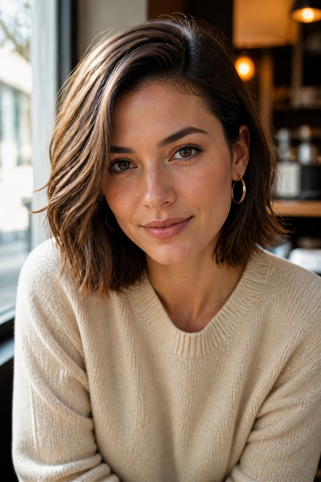 Close-up portrait of a person with a soft side-part in a cafe setting
