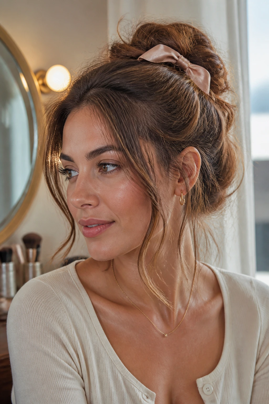 Close-up of a real woman with a side-part and ribbon bun.
