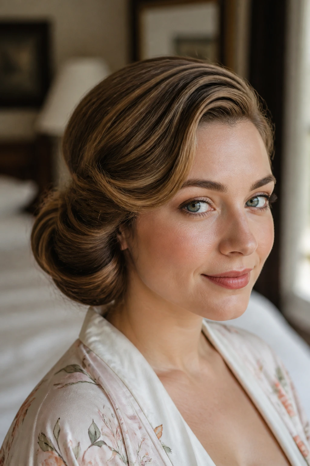 Close-up portrait of a real woman with a vintage side-part roll and modern texture in warm window light.