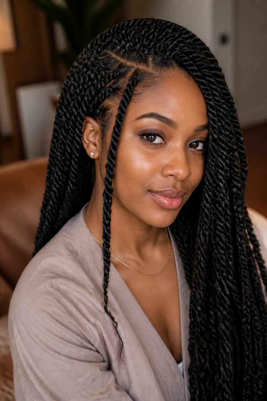 Real woman with side-part rope twists and face-framing pieces