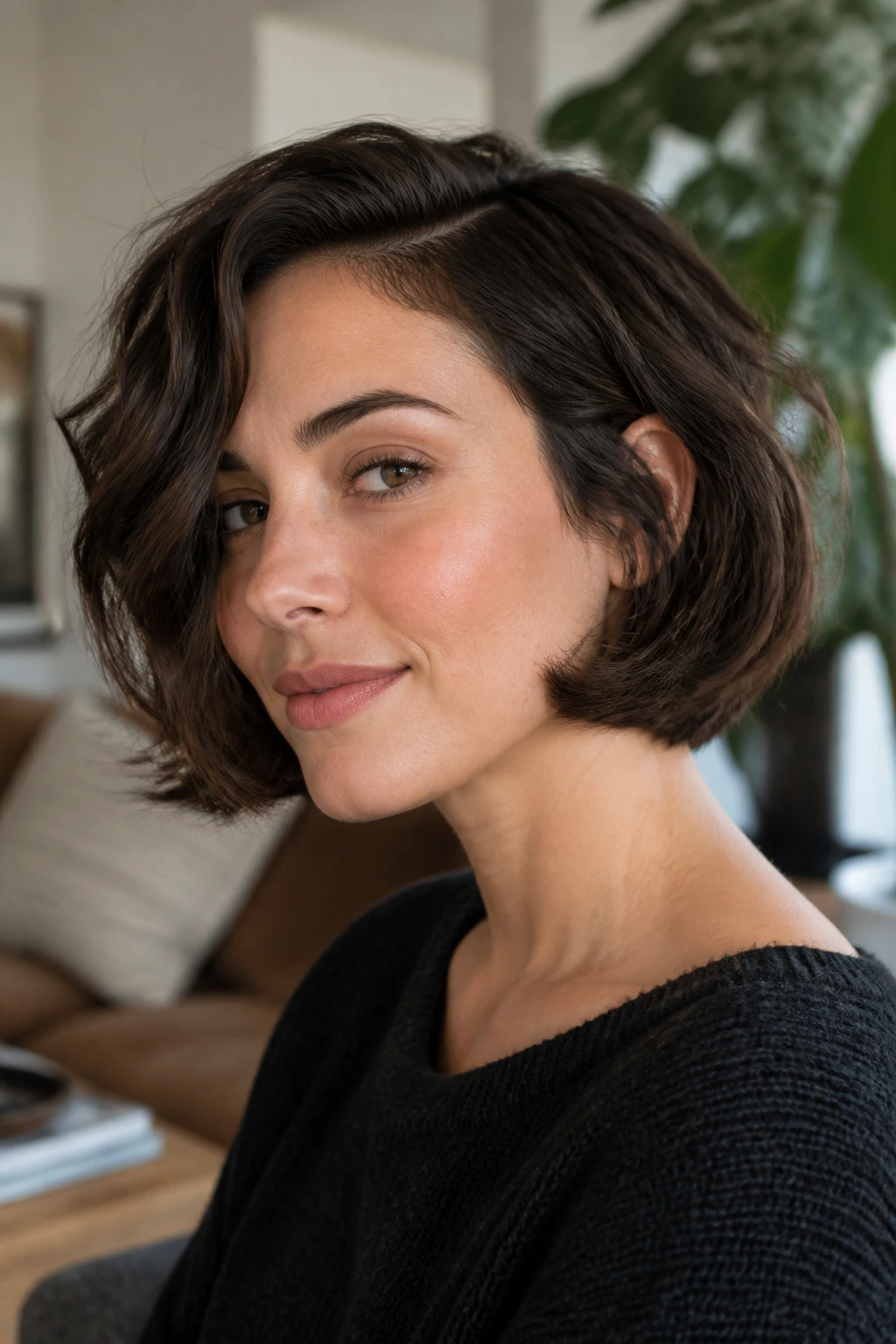 Close-up of side-parted Italian bob with rounded ends on a real person in a cozy living room