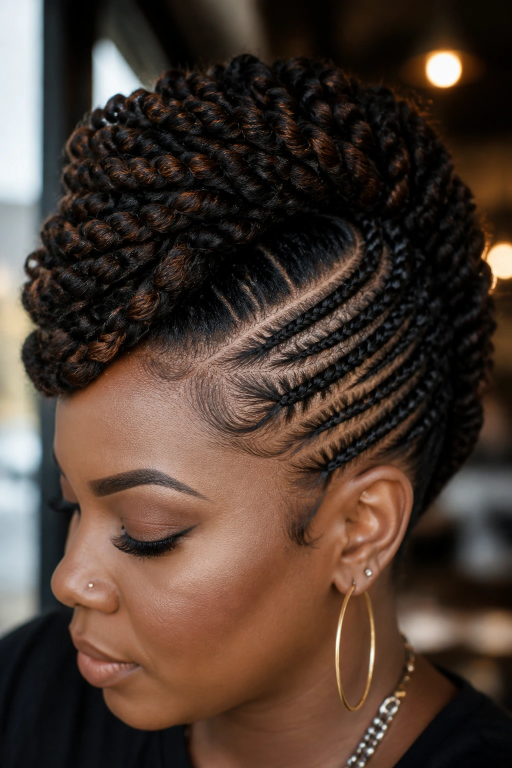 Close-up of a real person displaying a deep side-part mohawk with scalp detail near the ridge.