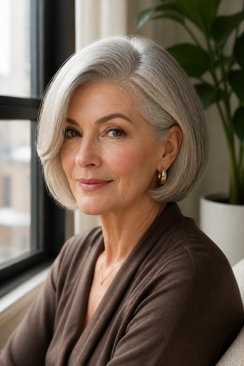 Close-up of a real woman with a deep side part and sculpted bob, soft daylight