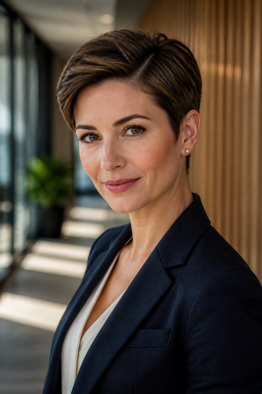 Close-up portrait of a real person with side-part sculpted pixie hairstyle