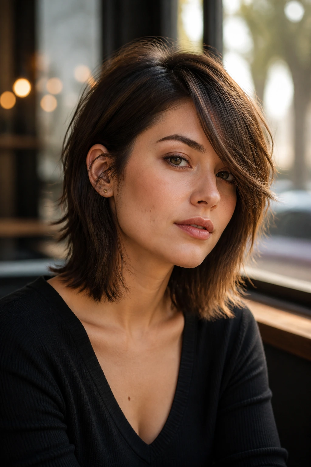 Close-up portrait of a real woman with Side-Part Shag with Strong Corners, off-center part and sharp perimeter.