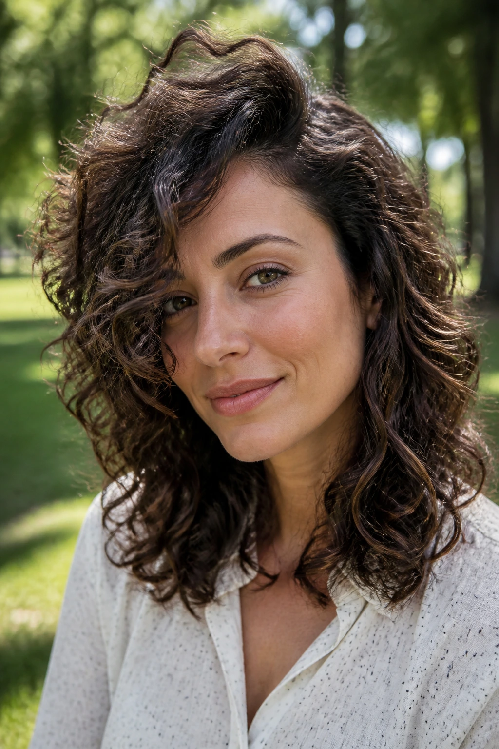 Close-up portrait of a real woman with a side-part sweep shag and curls framing the face
