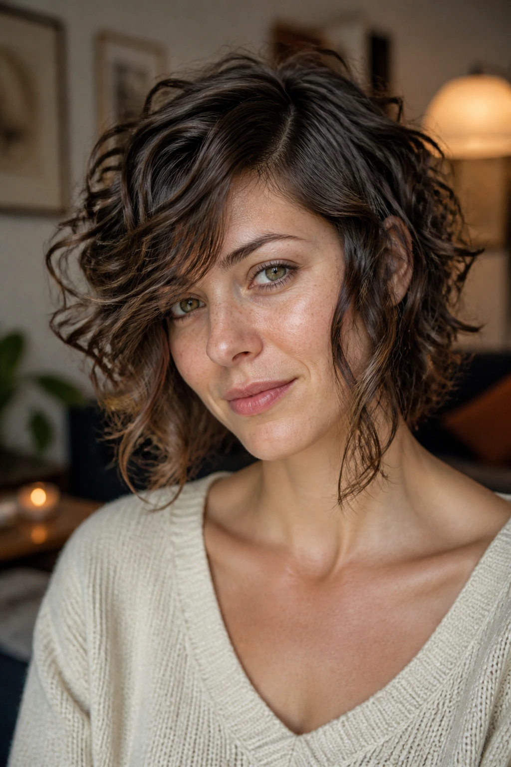Close-up of a real woman with side-part shag and long face-framing layers