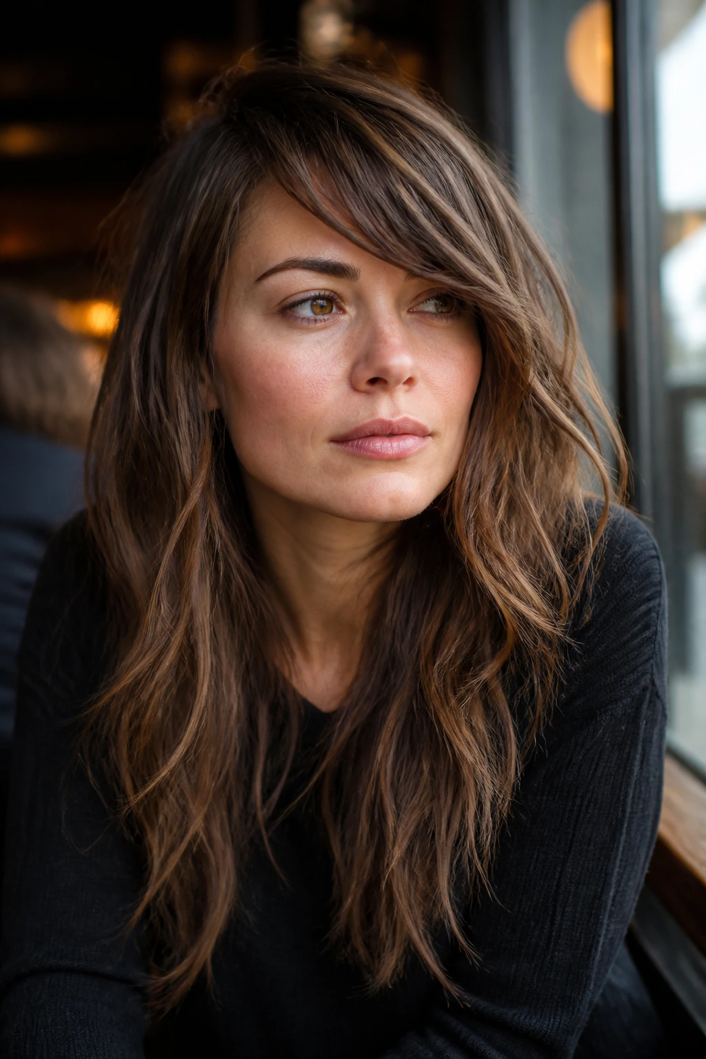 Portrait of a real woman with side-part shag and swept fringe