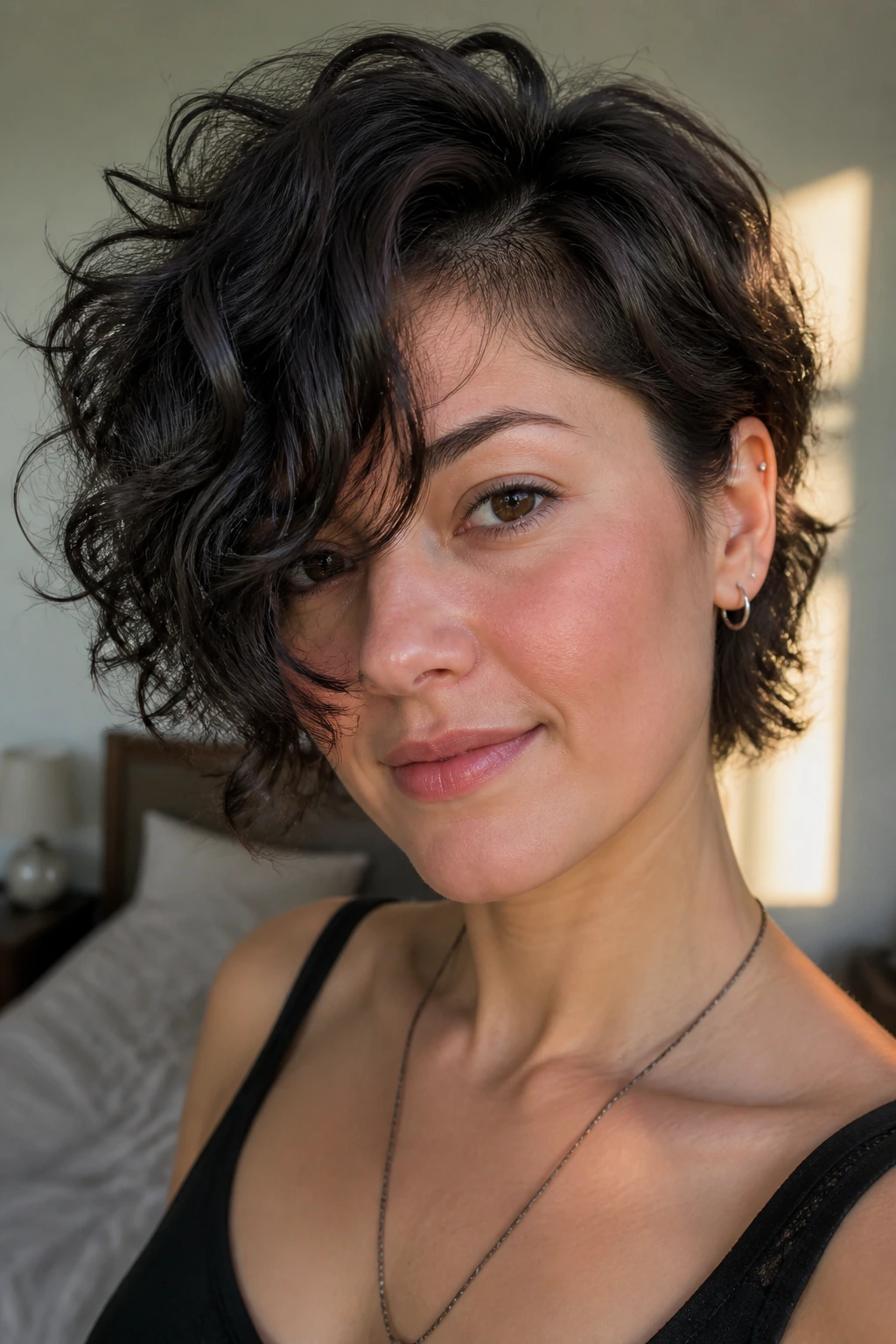 Close-up of a real woman with a deep side-part and diagonal long fringe