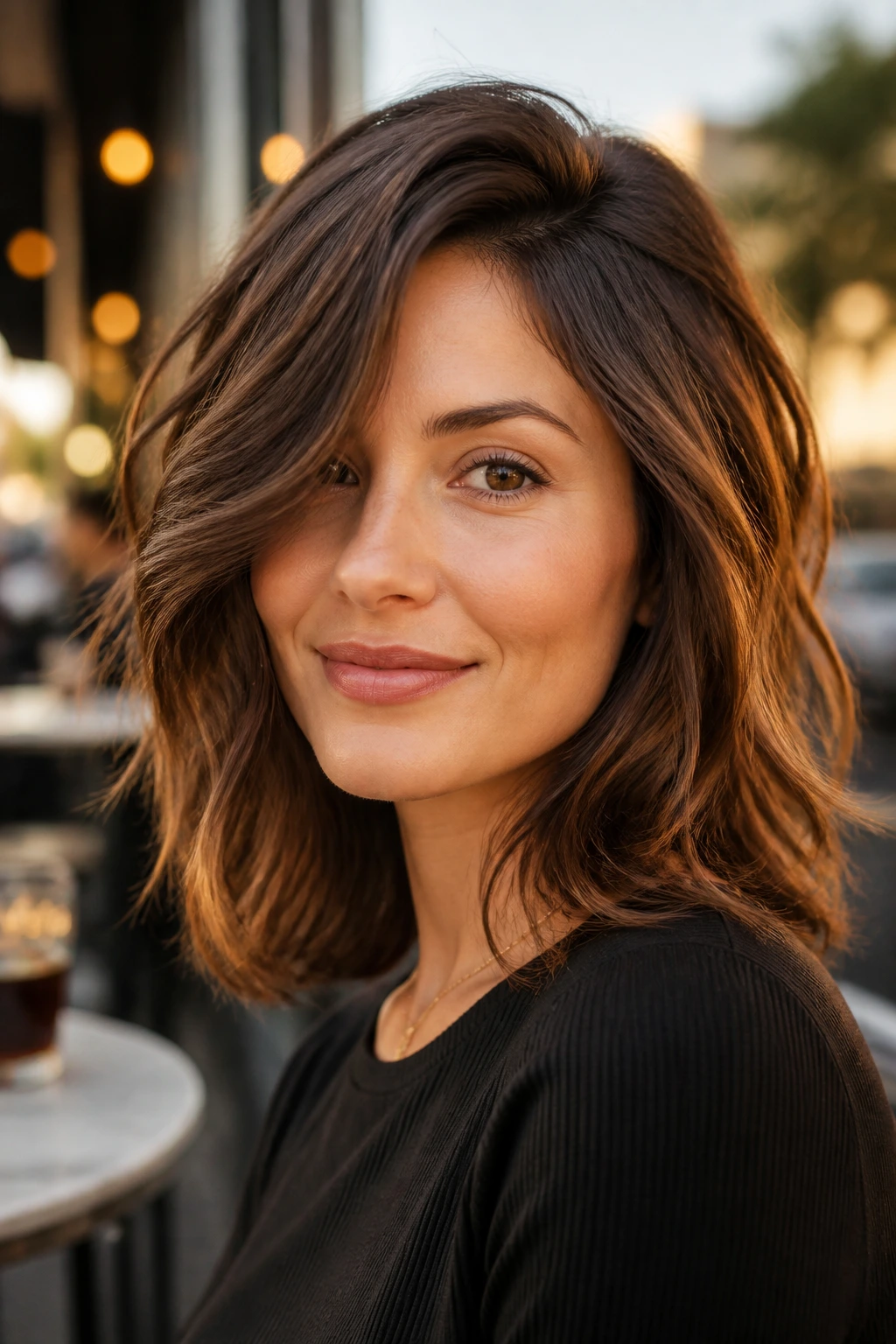 Close-up of a real woman with a deep side part and face-framing pieces in a side-part shag.