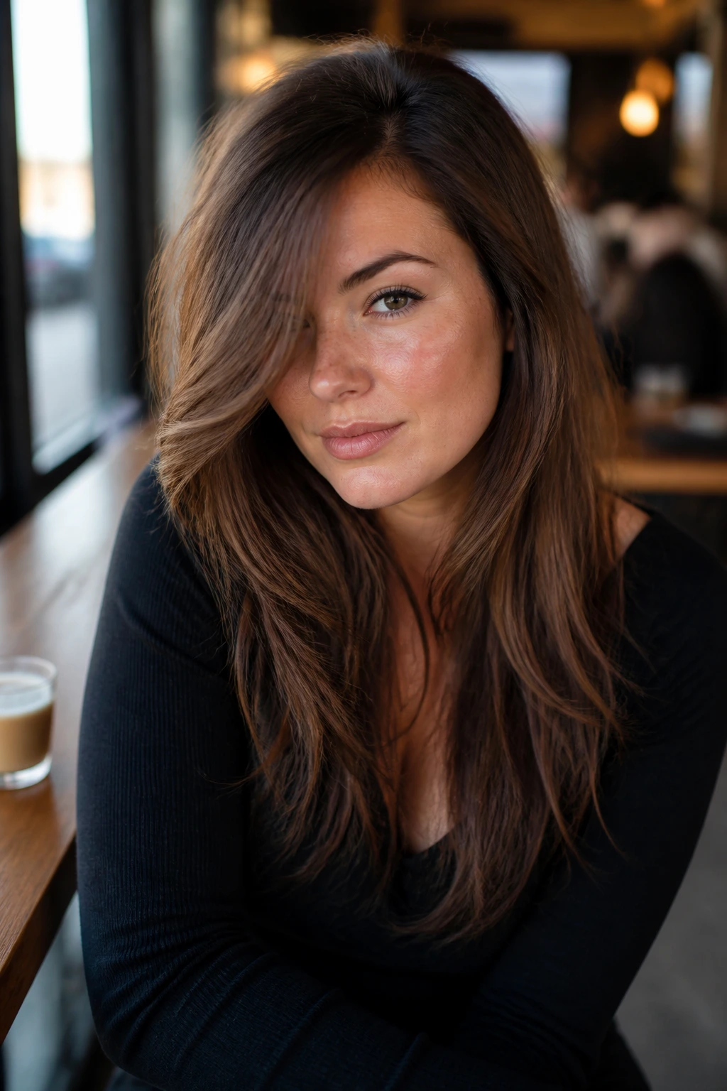 Real woman with side-part shag for round faces