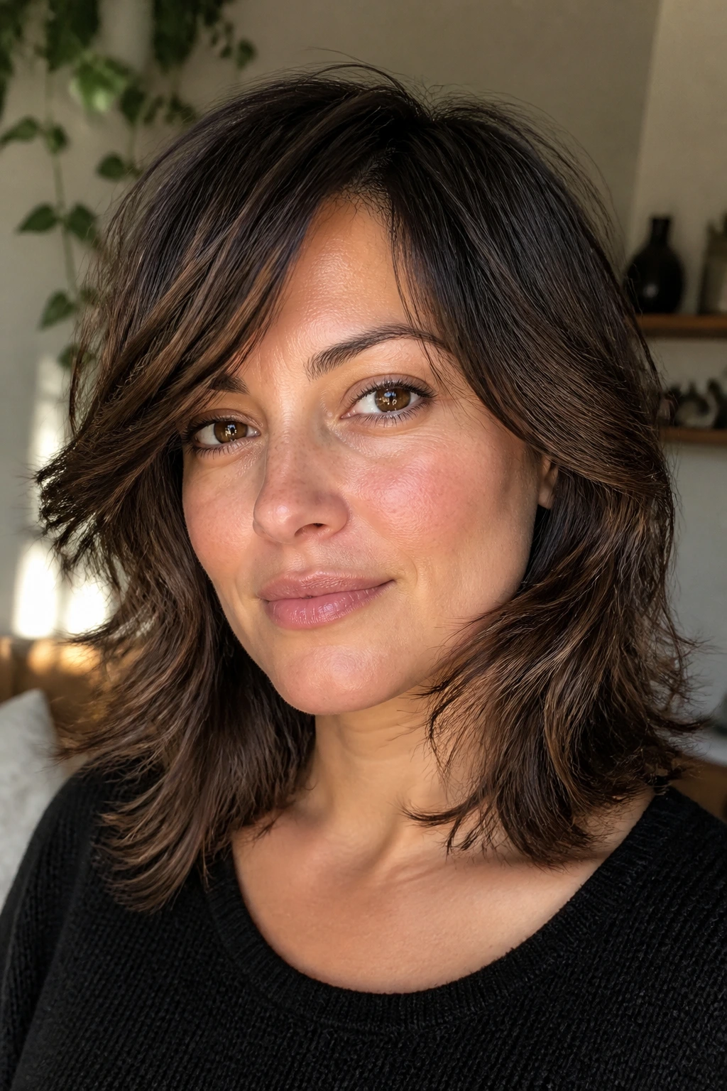 Close-up of a real woman with a side-part shag showing jawline-framing layers