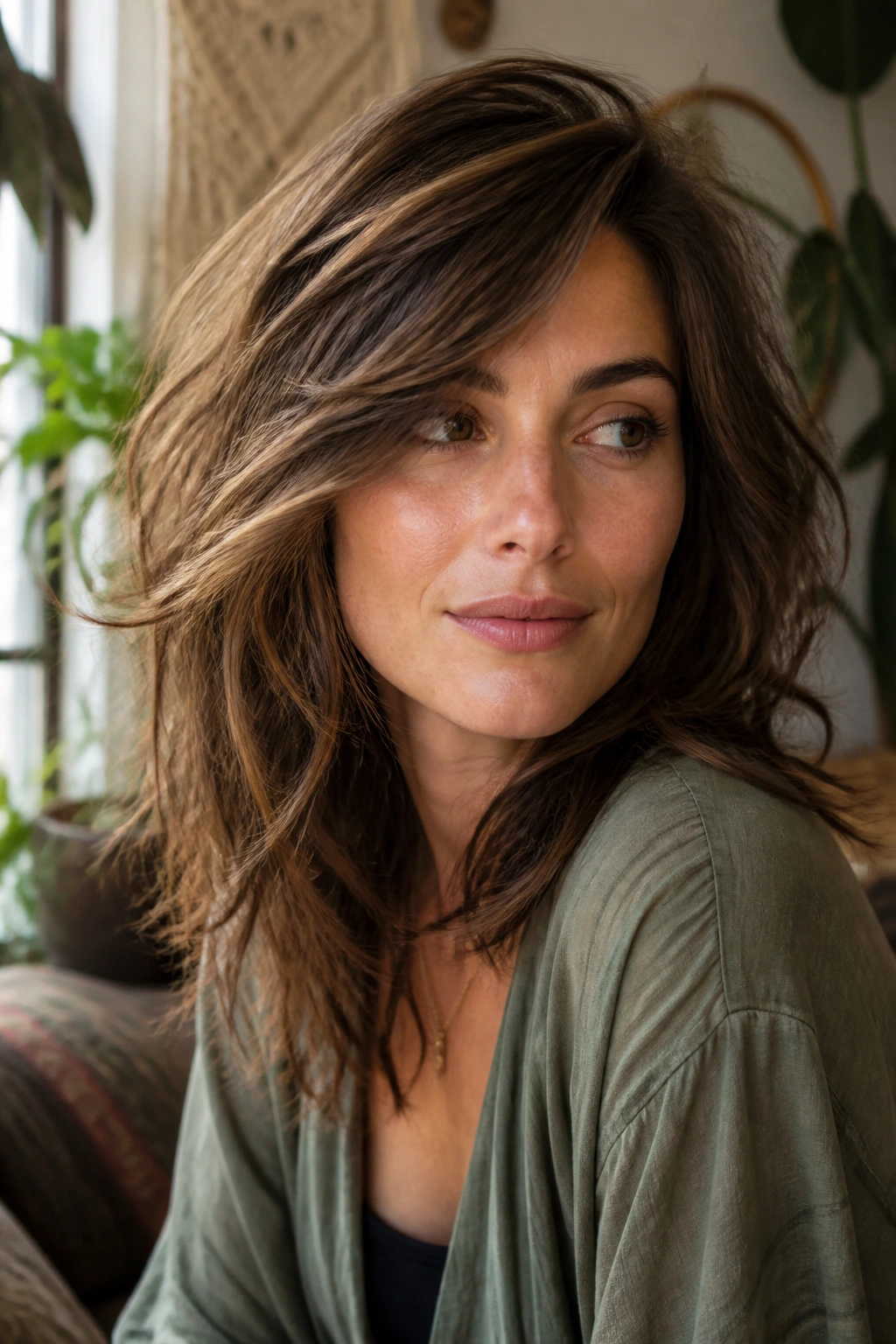 Real woman with side-parted shag and airy texture