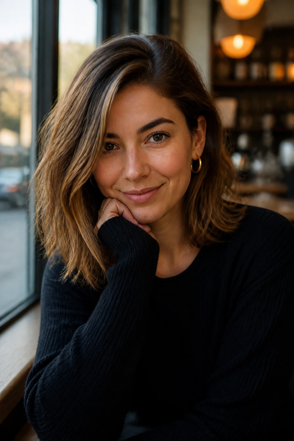 Close-up of a real person with a shoulder-length side-part hairstyle