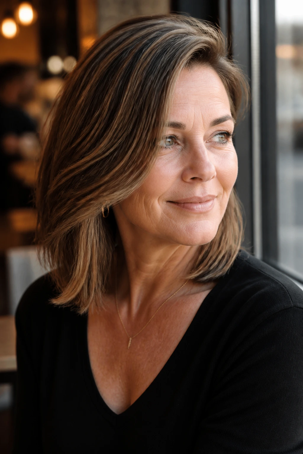 Close-up of a real woman with a deep side part on shoulder-length hair.