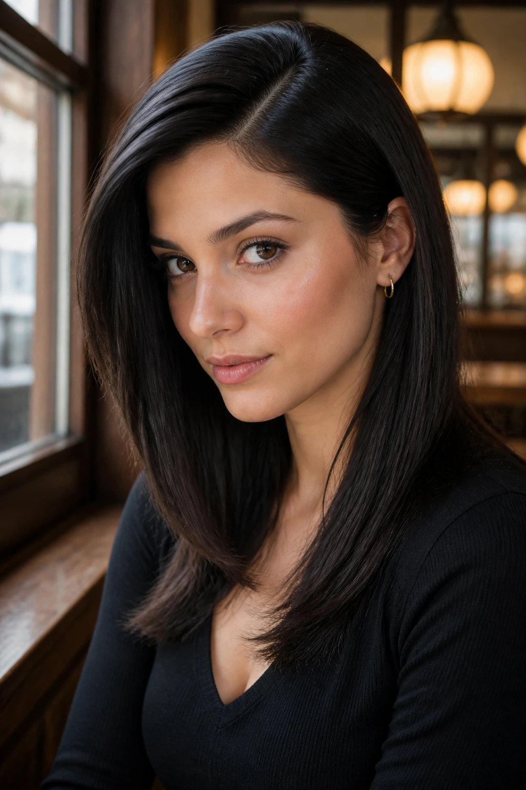 Portrait of a real woman with a deep side-part and sleek straight hair.