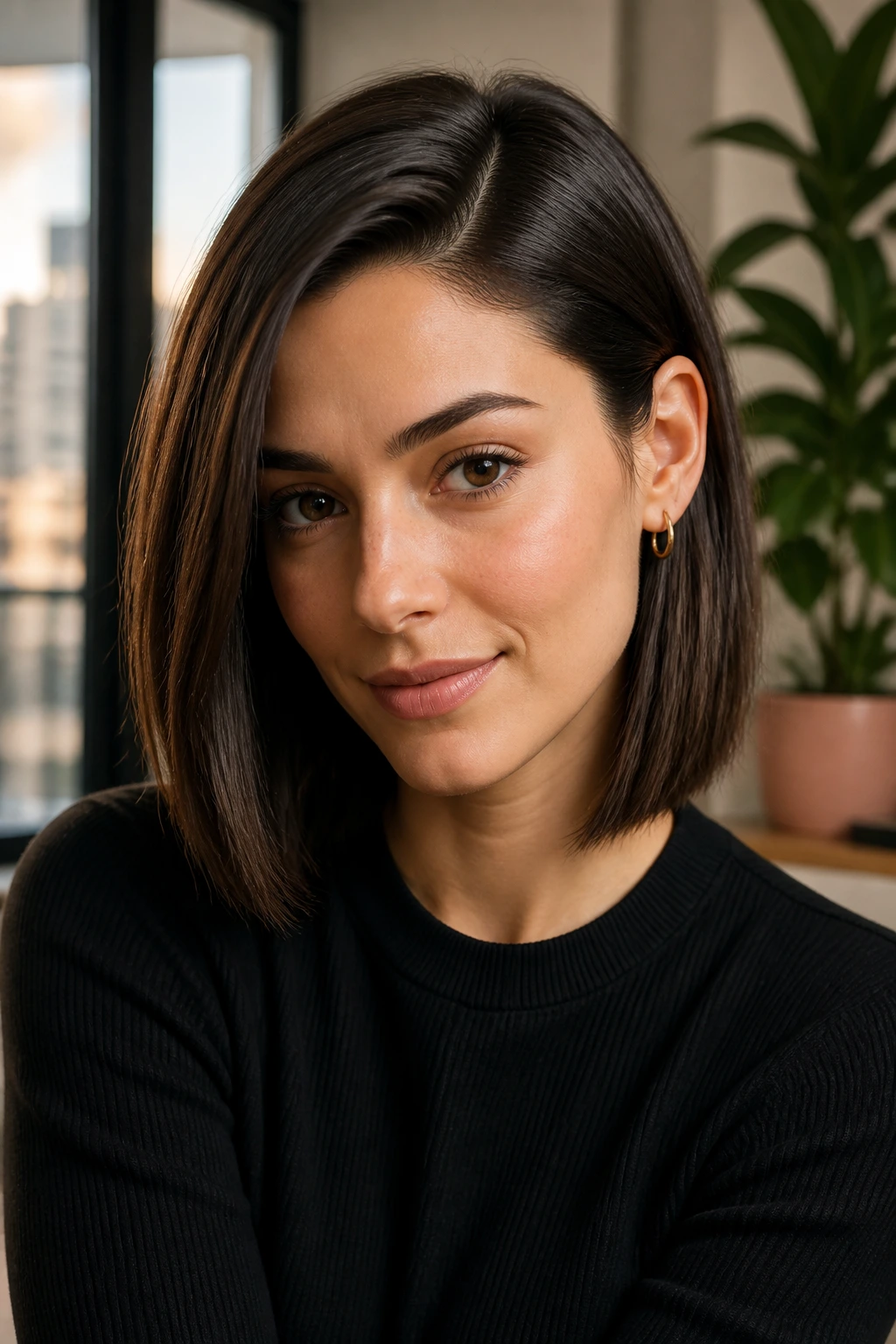 Portrait of a woman with a sleek lob tucked behind one ear